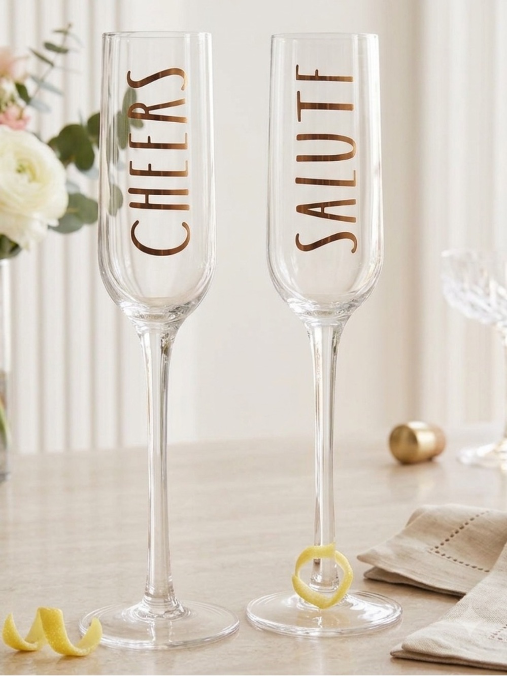 Rae Dunn Cheers Salute Champagne Flutes Set of 2 Bronze 7 oz